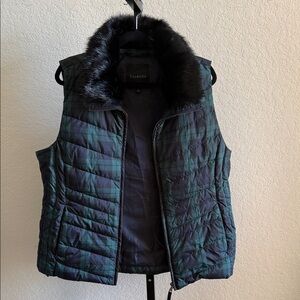 Talbots Faux Fur Collar Down Puffer Vest - Black Watch Tartan